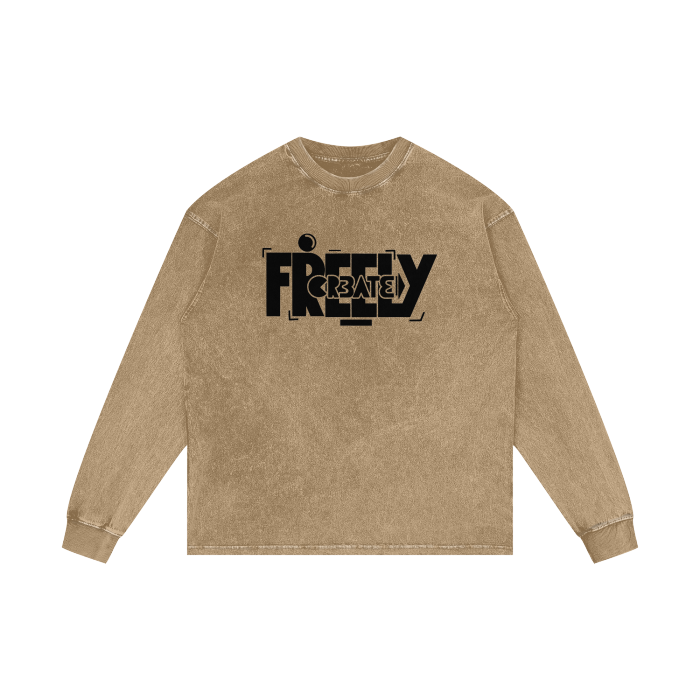 "Create Freely" Acid Wash Oversize Long Sleeve T-Shirt