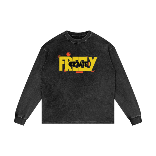 "Create Freely" Acid Wash Oversize Long Sleeve T-Shirt