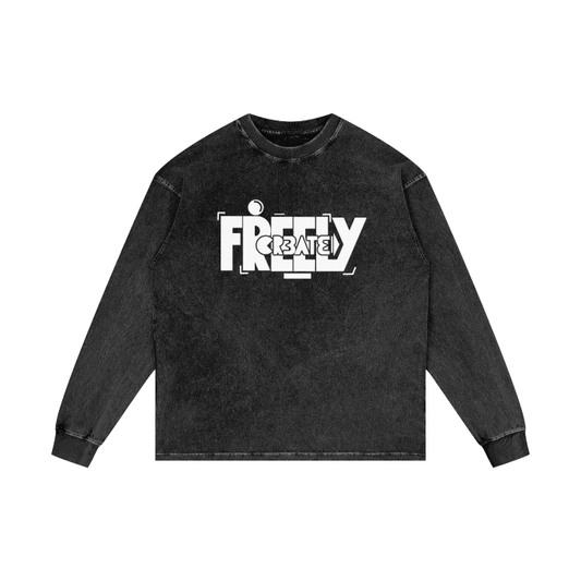 "Create Freely" Acid Wash Oversize Long Sleeve T-Shirt
